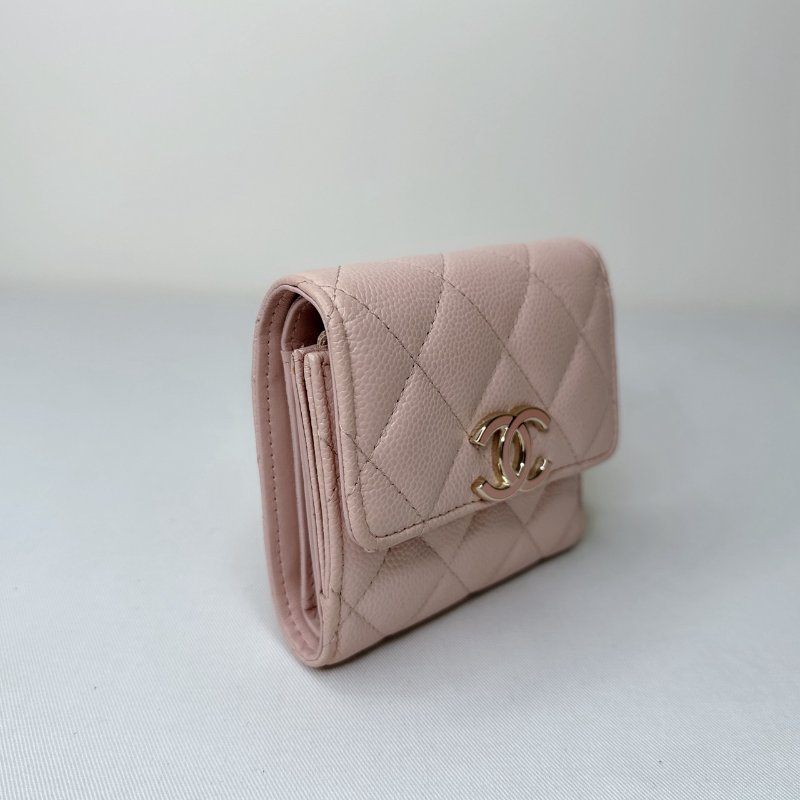 CHANEL 琺瑯雙C荔枝牛粉色短夾-3