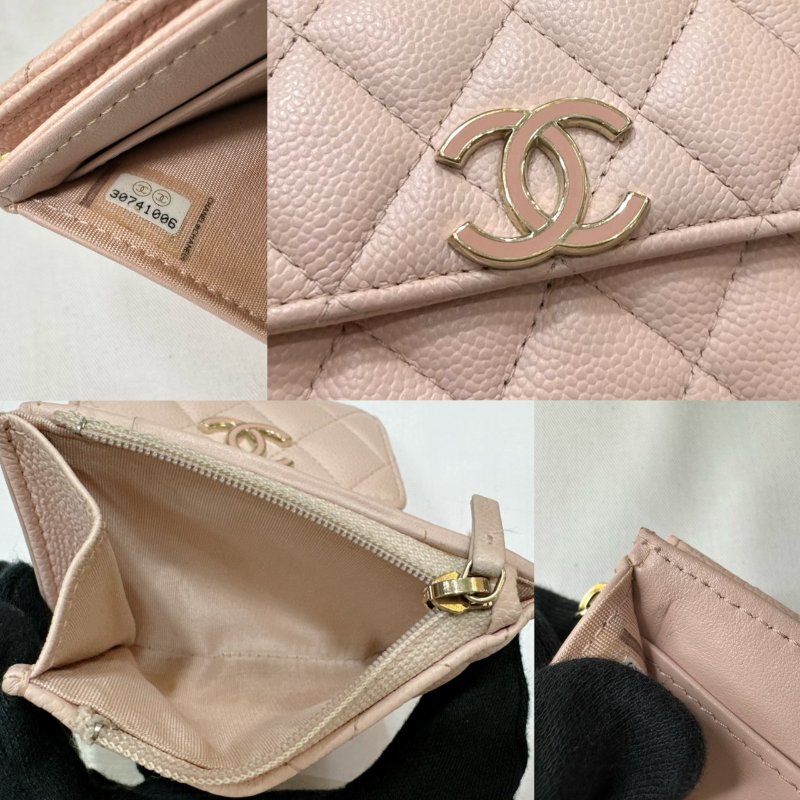 CHANEL 琺瑯雙C荔枝牛粉色短夾-9