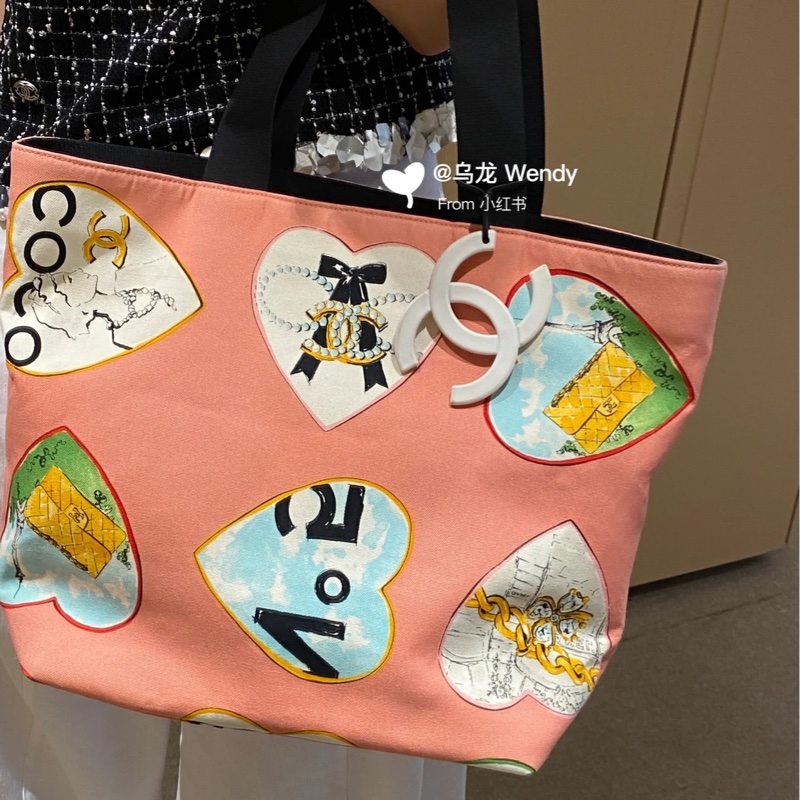 Chanel 香奈兒 粉色愛心 coco 情人節限定 粉色 帆布 托特包 購物包 肩背包 側背包 購物袋-3