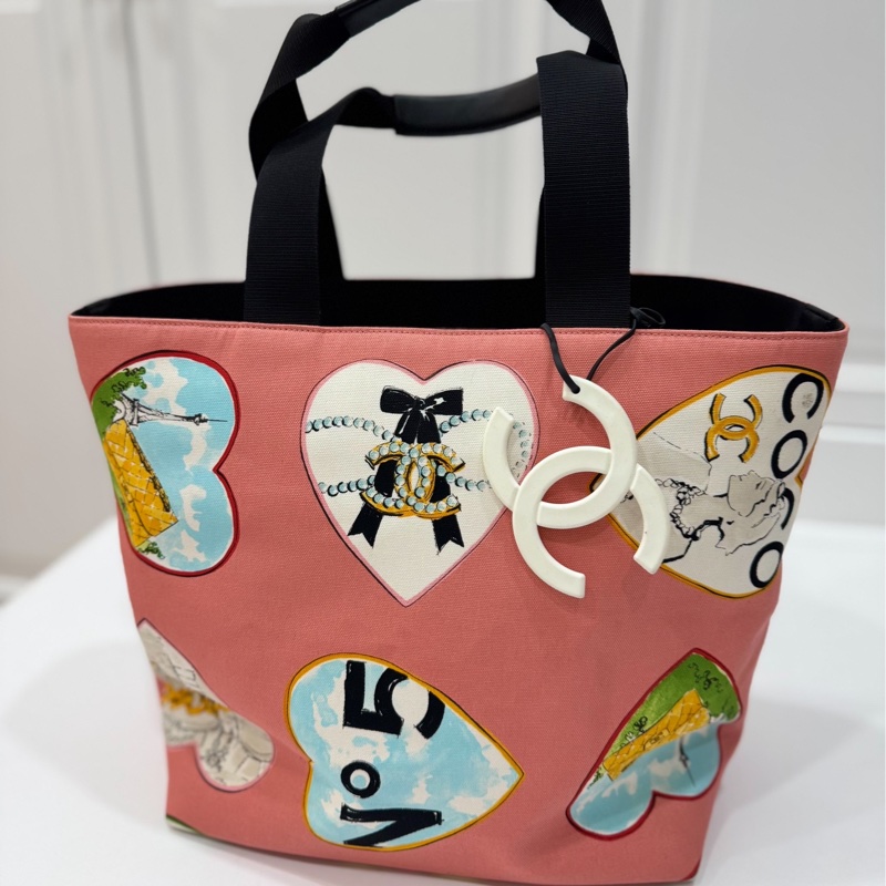 Chanel 香奈兒 粉色愛心 coco 情人節限定 粉色 帆布 托特包 購物包 肩背包 側背包 購物袋-7