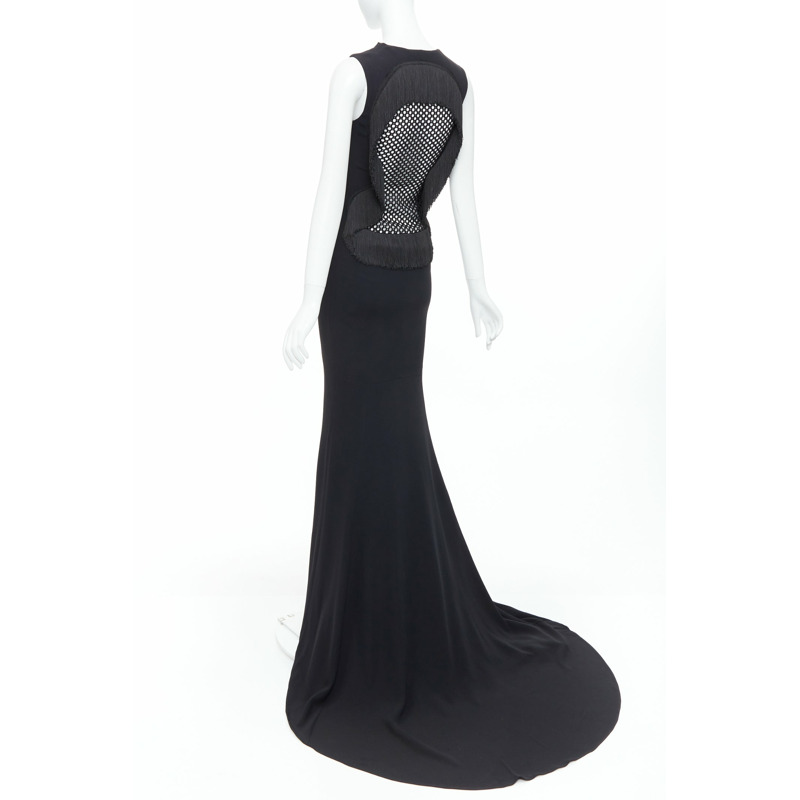 STELLA MCCARTNEY 2014 black fringe mesh back fitted long train gown IT36 XXS-0