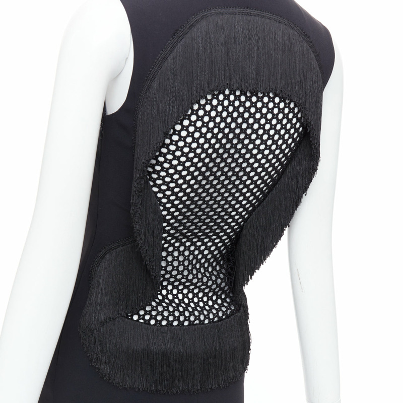 STELLA MCCARTNEY 2014 black fringe mesh back fitted long train gown IT36 XXS-1