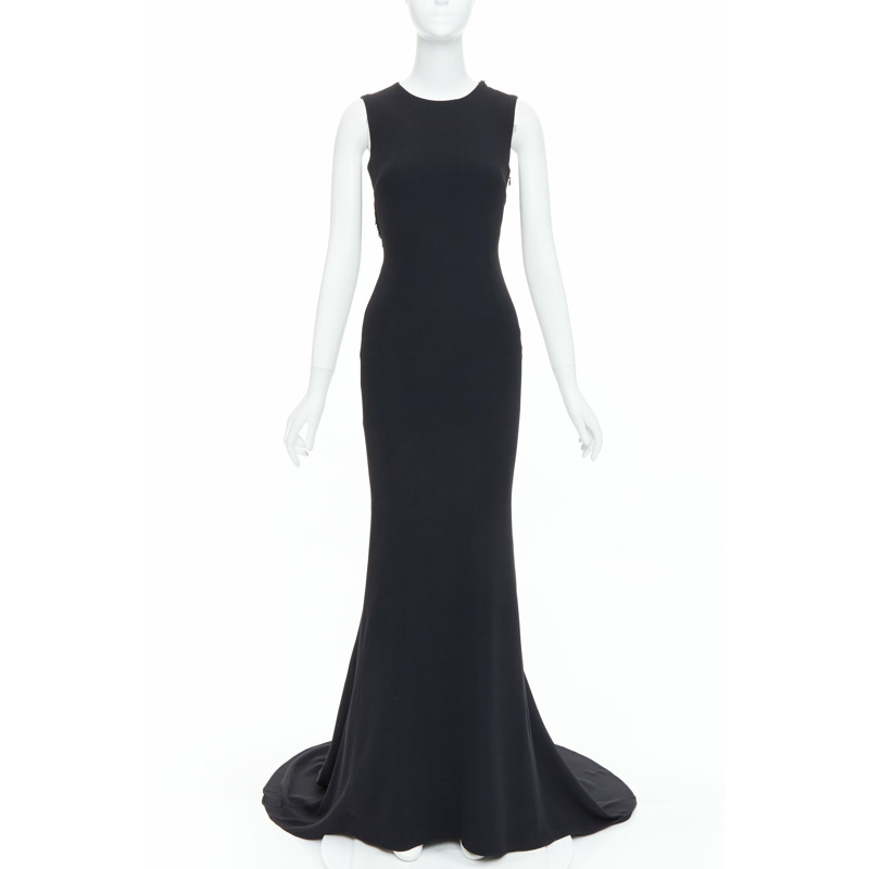 STELLA MCCARTNEY 2014 black fringe mesh back fitted long train gown IT36 XXS-2