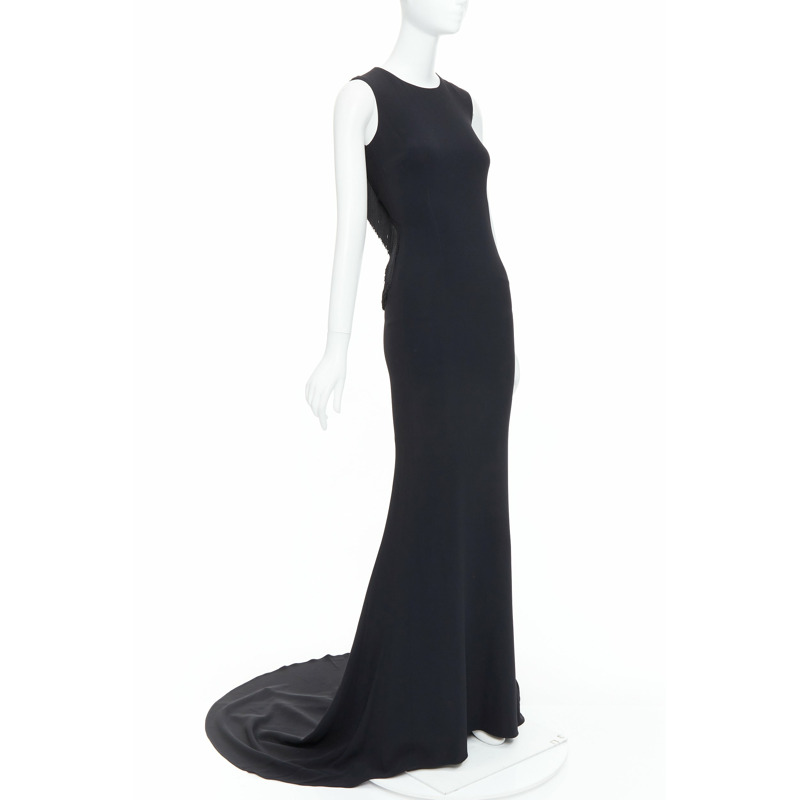 STELLA MCCARTNEY 2014 black fringe mesh back fitted long train gown IT36 XXS-3
