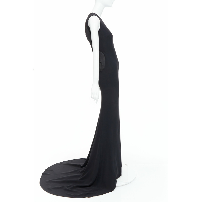 STELLA MCCARTNEY 2014 black fringe mesh back fitted long train gown IT36 XXS-4