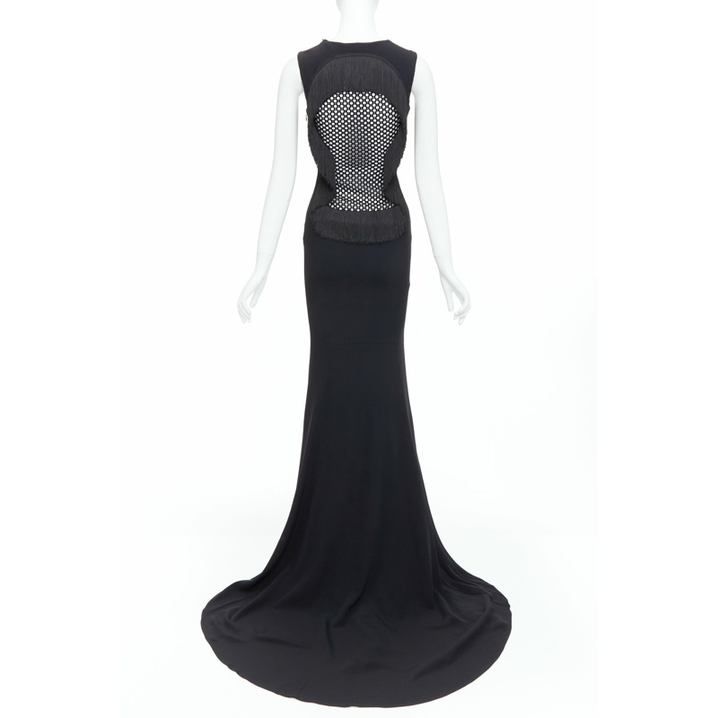 STELLA MCCARTNEY 2014 black fringe mesh back fitted long train gown IT36 XXS-5