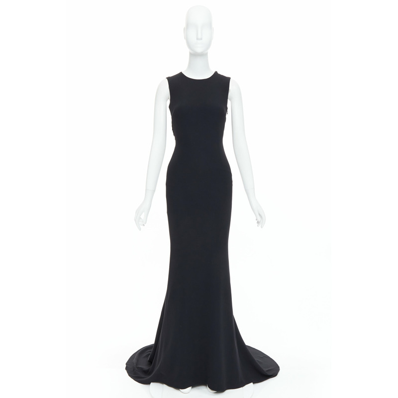 STELLA MCCARTNEY 2014 black fringe mesh back fitted long train gown IT36 XXS-8