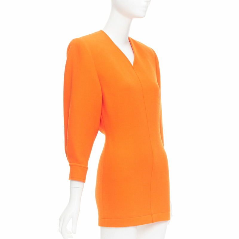 SAINT LAURENT 2022 Runway orange wool grain de poudre power shoulder mini dress FR34 XS-2