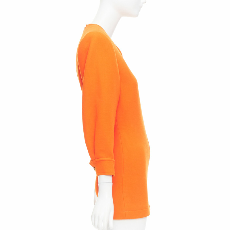 SAINT LAURENT 2022 Runway orange wool grain de poudre power shoulder mini dress FR34 XS-3