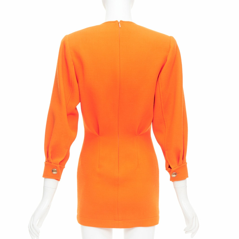 SAINT LAURENT 2022 Runway orange wool grain de poudre power shoulder mini dress FR34 XS-4