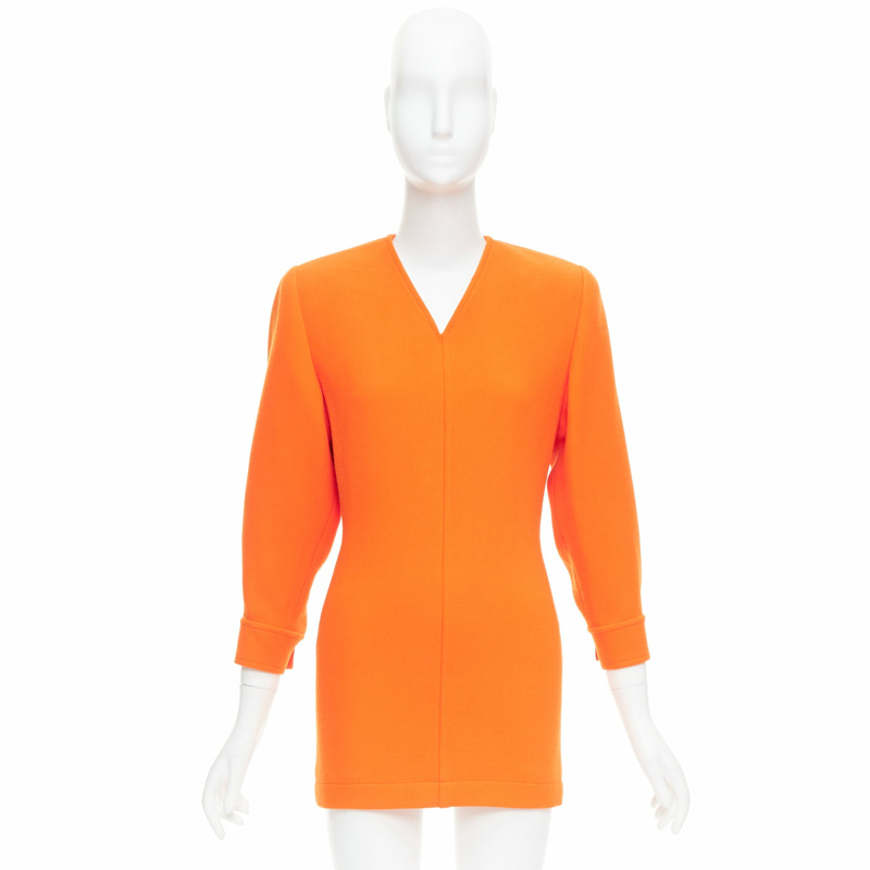 SAINT LAURENT 2022 Runway orange wool grain de poudre power shoulder mini dress FR34 XS-8