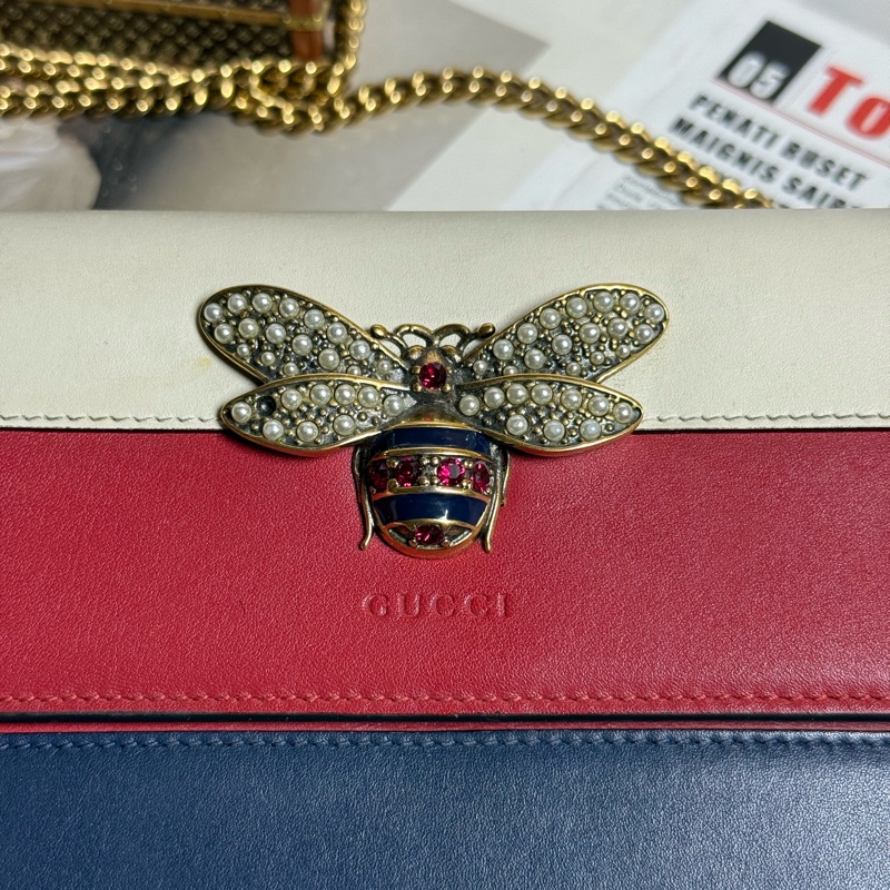 Gucci Queen Margaret系列金屬蜜蜂珍珠woc單肩斜挎鏈條包-4
