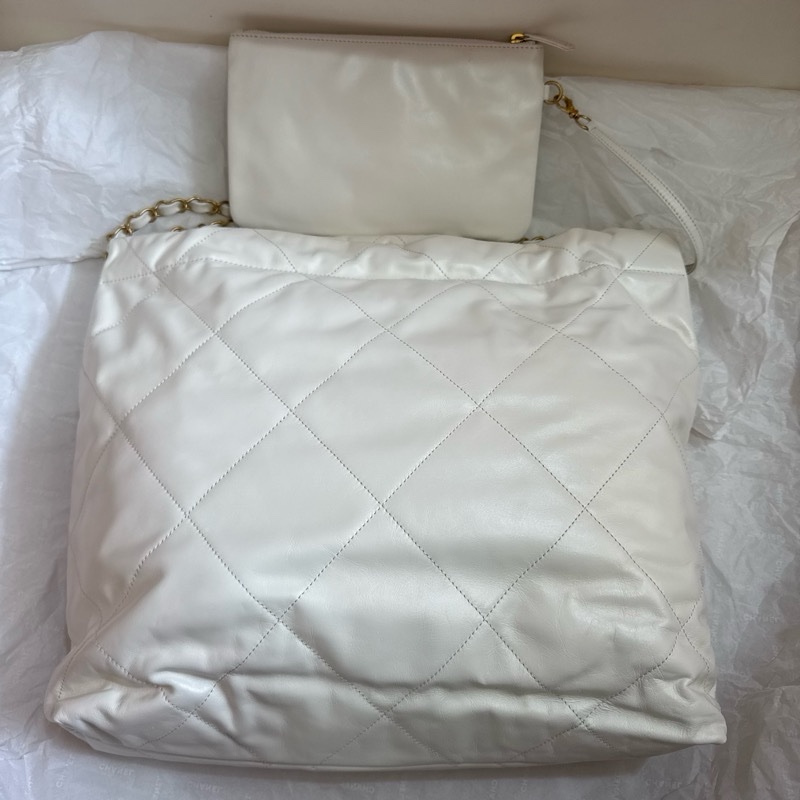 Chanel 香奈兒 22 中號 白黑字金鏈 肩背包/垃圾袋-2