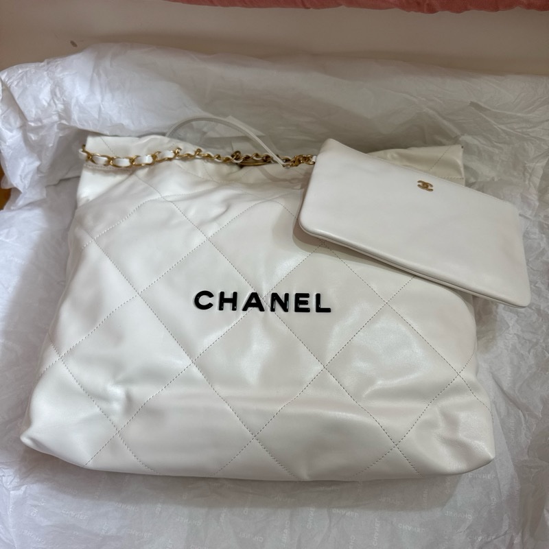 Chanel 香奈兒 22 中號 白黑字金鏈 肩背包/垃圾袋-9