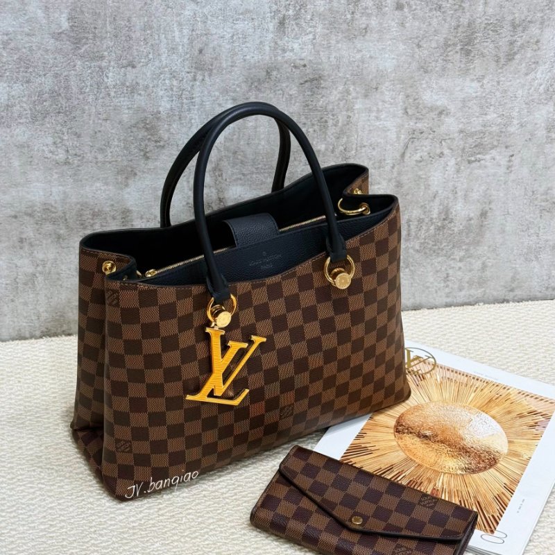 LV Riverside 棋盤格拼黑色牛皮金扣手提肩背包 N40050-0