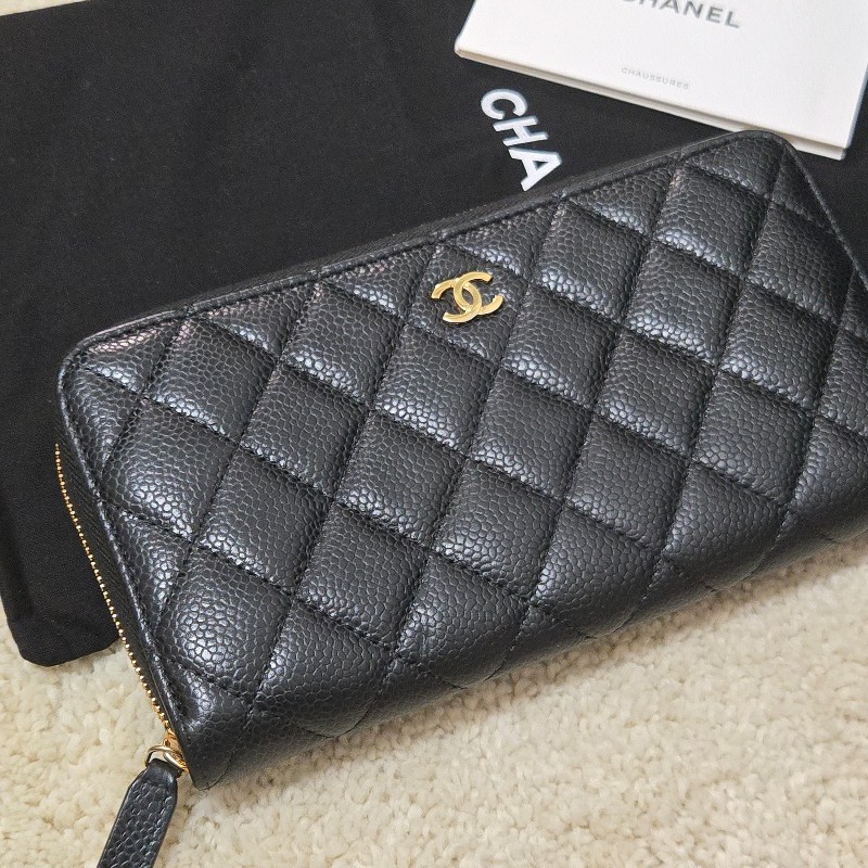 Chanel 香奈兒 黑金荔枝皮 金色雙C logo ㄇ拉 拉鍊長夾-2