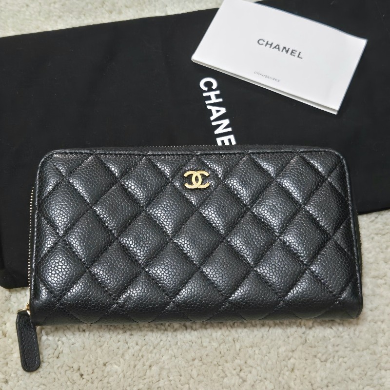 Chanel 香奈兒 黑金荔枝皮 金色雙C logo ㄇ拉 拉鍊長夾-3