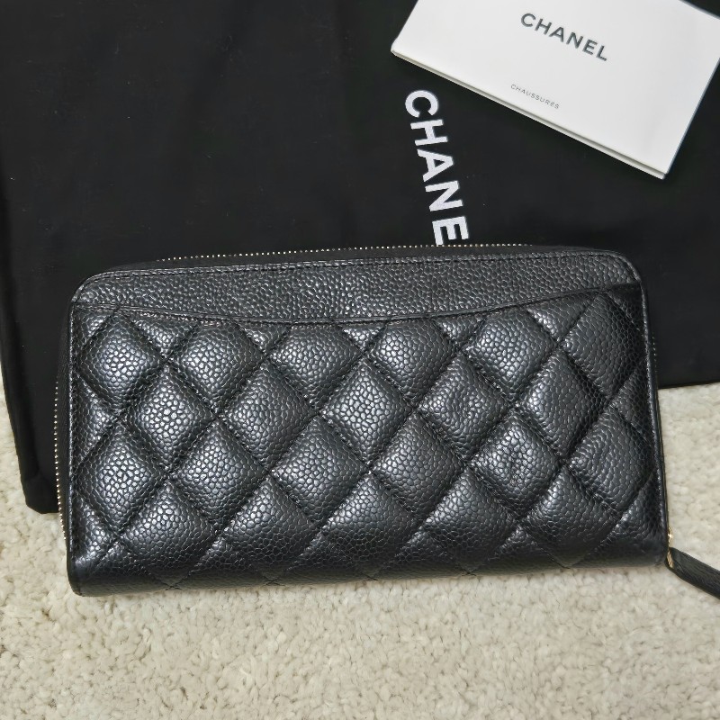 Chanel 香奈兒 黑金荔枝皮 金色雙C logo ㄇ拉 拉鍊長夾-4