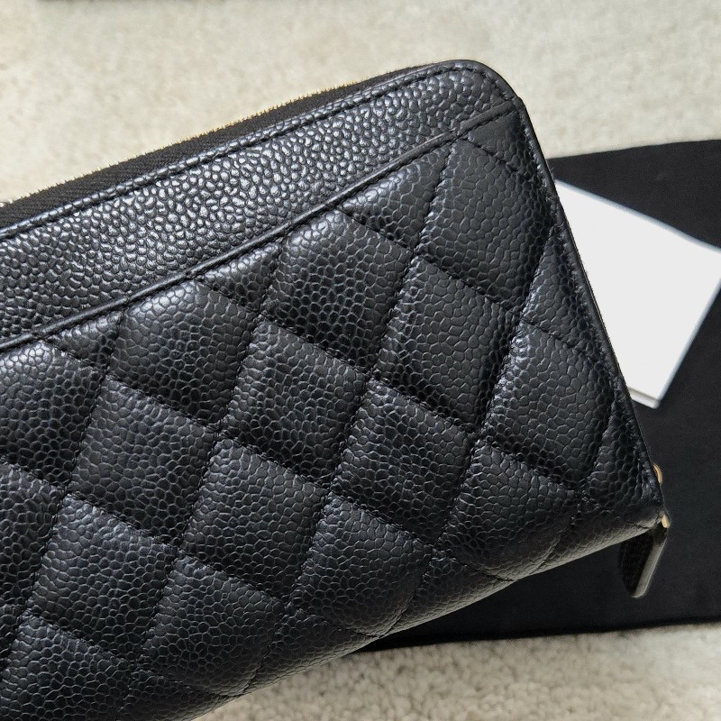 Chanel 香奈兒 黑金荔枝皮 金色雙C logo ㄇ拉 拉鍊長夾-5