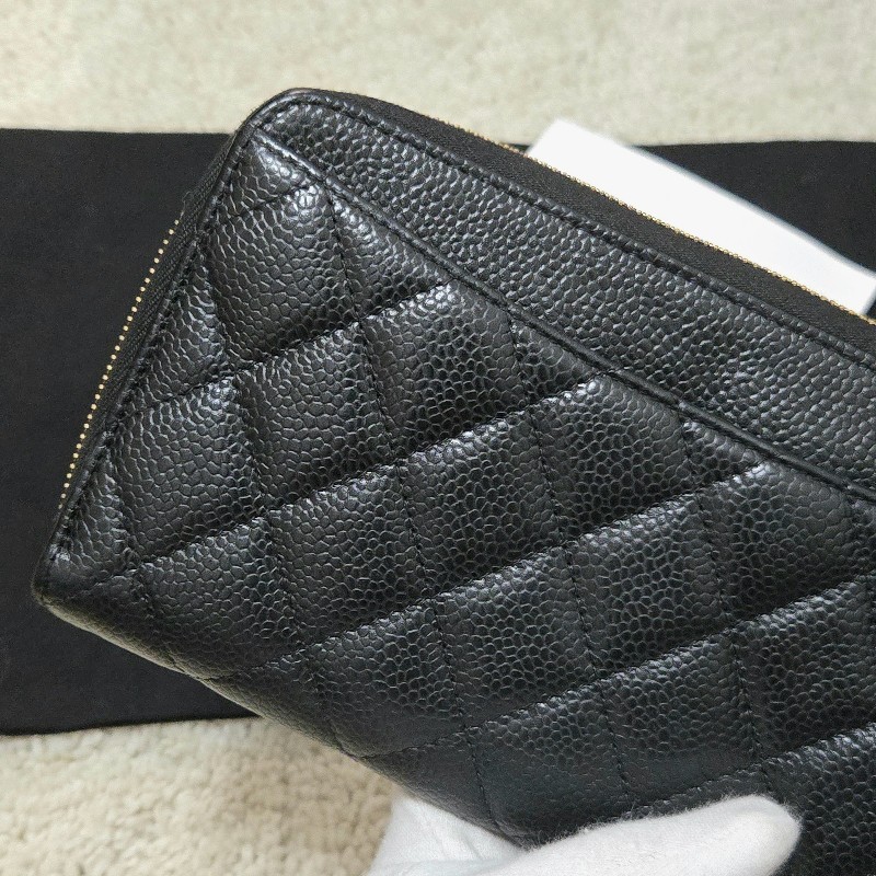 Chanel 香奈兒 黑金荔枝皮 金色雙C logo ㄇ拉 拉鍊長夾-6