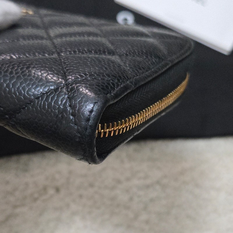 Chanel 香奈兒 黑金荔枝皮 金色雙C logo ㄇ拉 拉鍊長夾-7