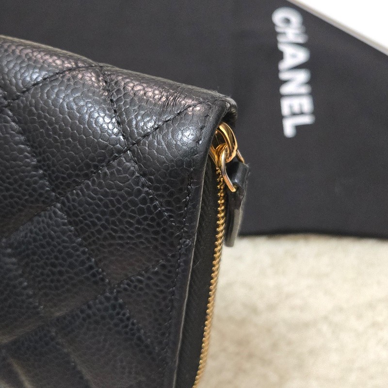 Chanel 香奈兒 黑金荔枝皮 金色雙C logo ㄇ拉 拉鍊長夾-9