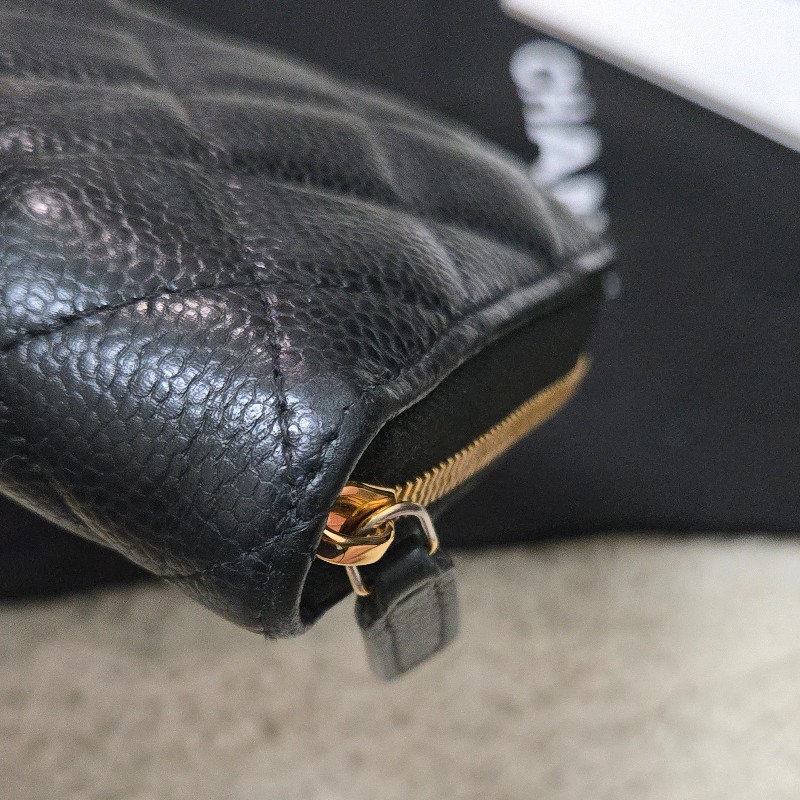 Chanel 香奈兒 黑金荔枝皮 金色雙C logo ㄇ拉 拉鍊長夾-10