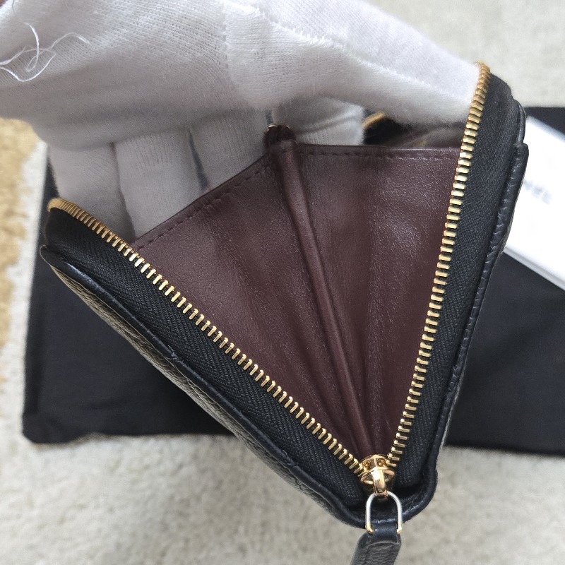 Chanel 香奈兒 黑金荔枝皮 金色雙C logo ㄇ拉 拉鍊長夾-11