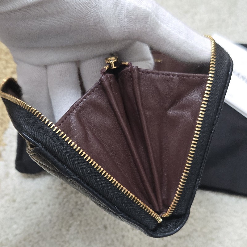 Chanel 香奈兒 黑金荔枝皮 金色雙C logo ㄇ拉 拉鍊長夾-12