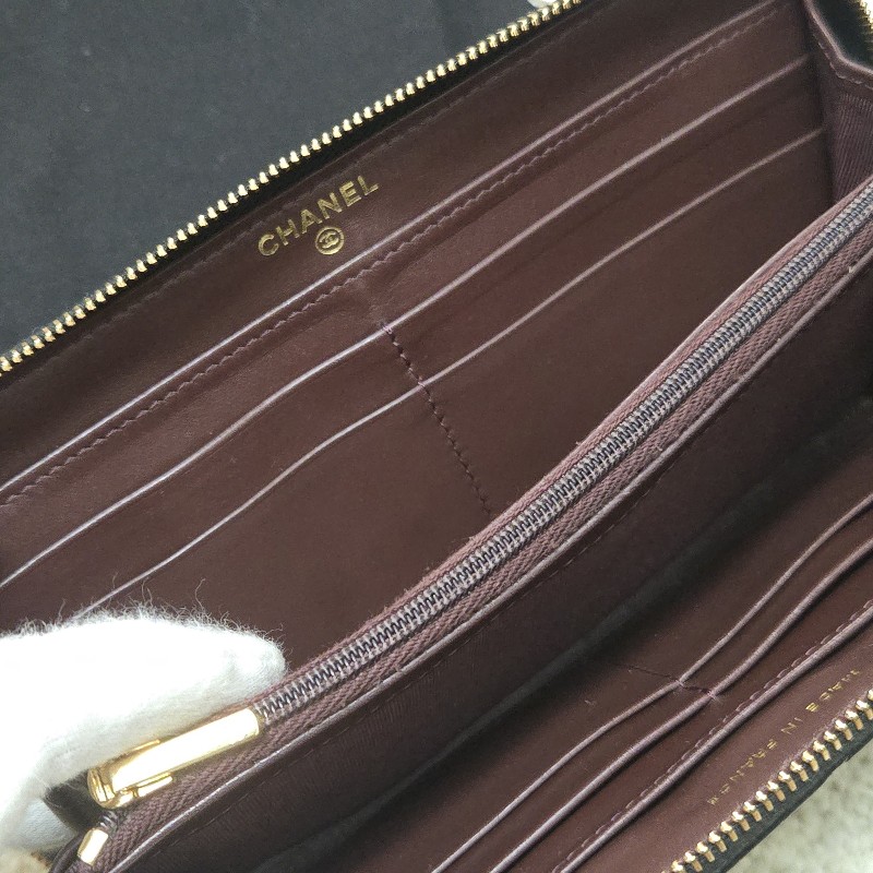 Chanel 香奈兒 黑金荔枝皮 金色雙C logo ㄇ拉 拉鍊長夾-13