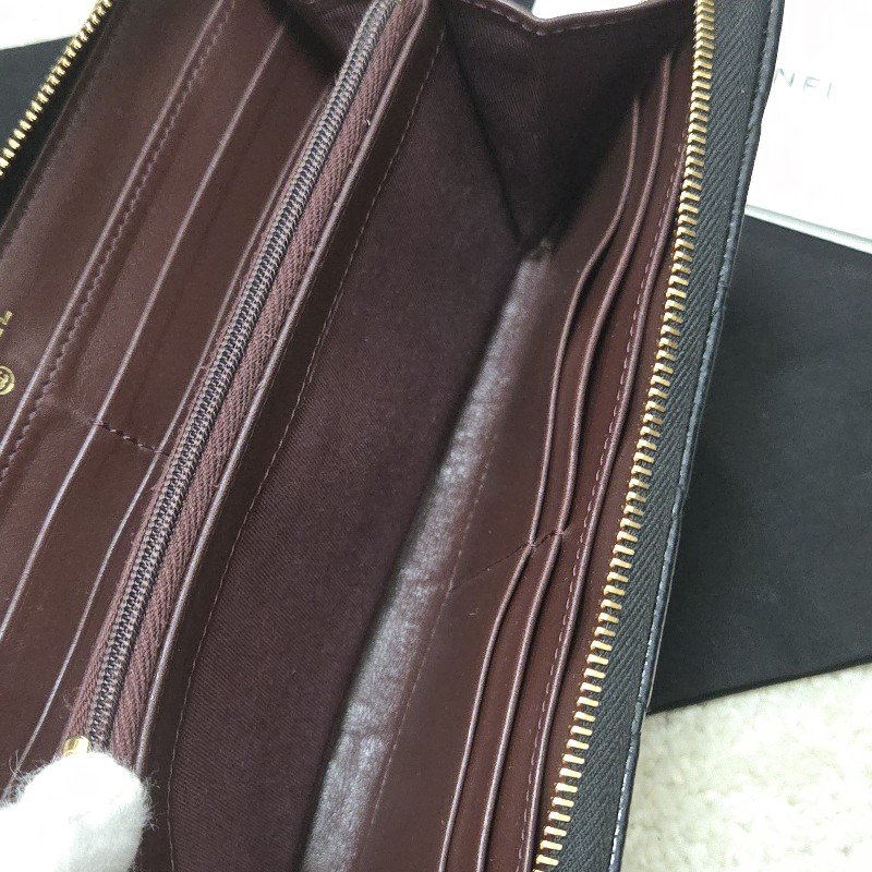 Chanel 香奈兒 黑金荔枝皮 金色雙C logo ㄇ拉 拉鍊長夾-16