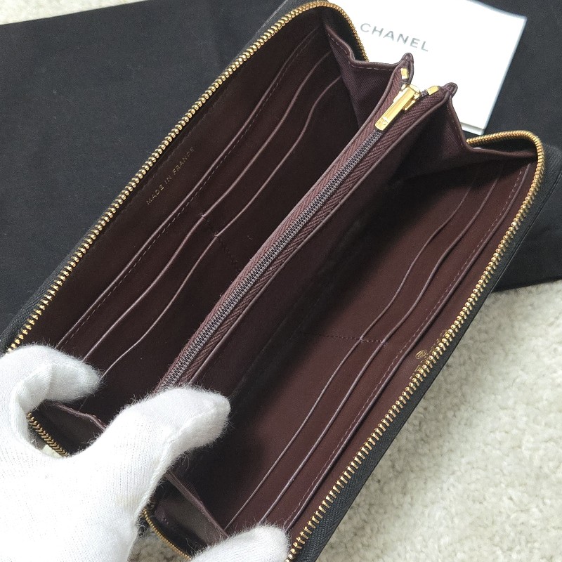 Chanel 香奈兒 黑金荔枝皮 金色雙C logo ㄇ拉 拉鍊長夾-17