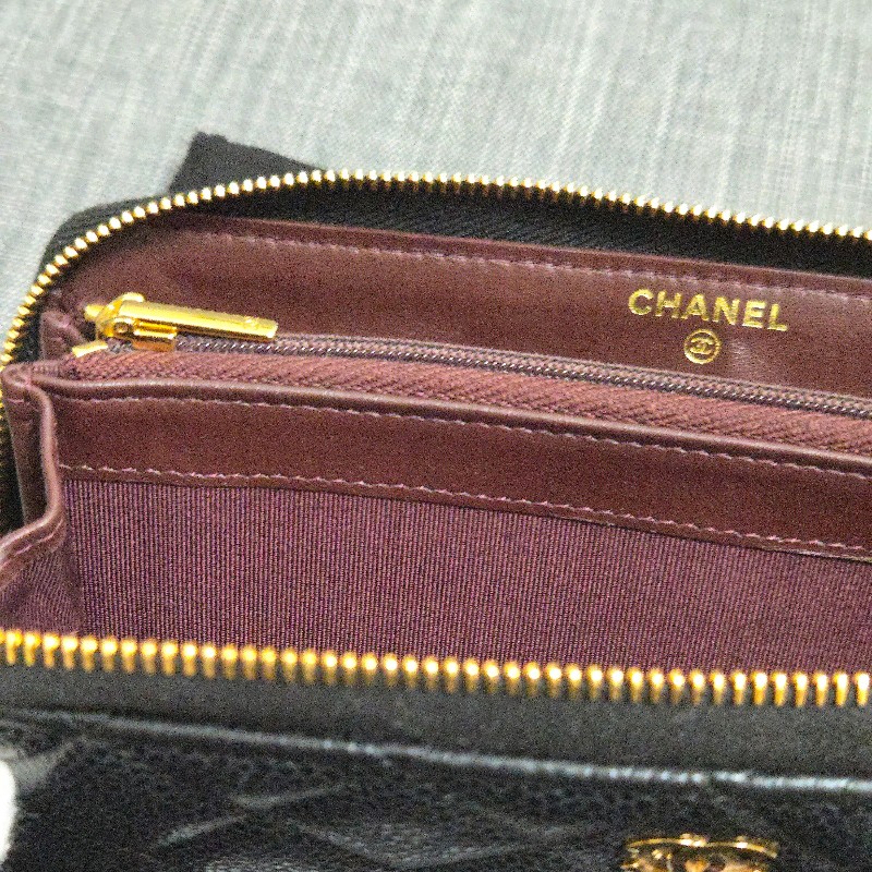 Chanel 香奈兒 黑金荔枝皮 金色雙C logo ㄇ拉 拉鍊長夾-21