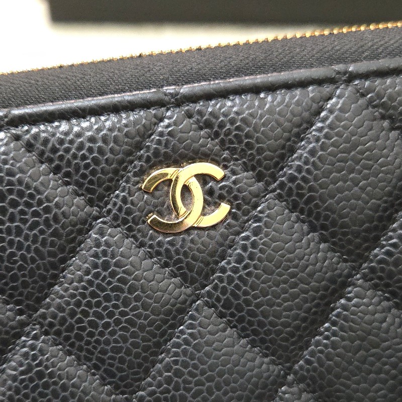 Chanel 香奈兒 黑金荔枝皮 金色雙C logo ㄇ拉 拉鍊長夾-25