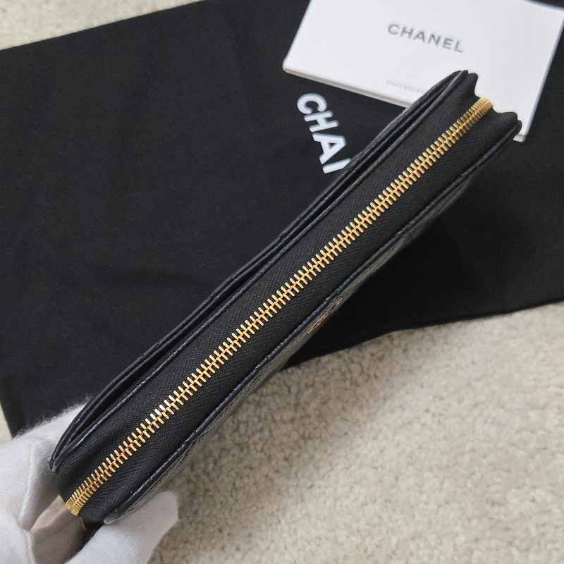 Chanel 香奈兒 黑金荔枝皮 金色雙C logo ㄇ拉 拉鍊長夾-26