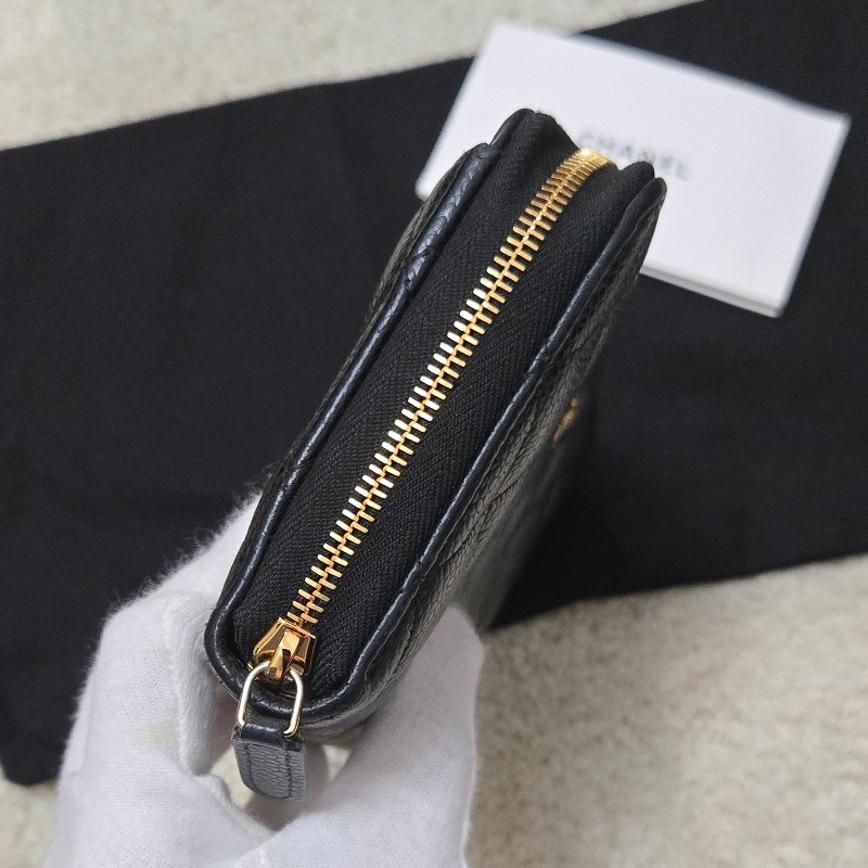 Chanel 香奈兒 黑金荔枝皮 金色雙C logo ㄇ拉 拉鍊長夾-27