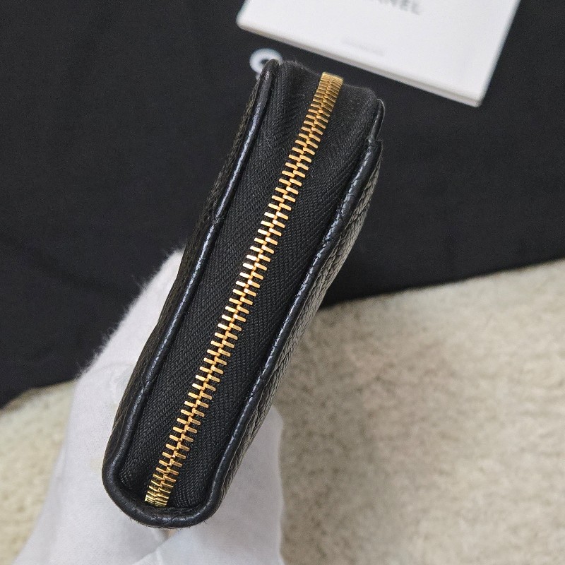 Chanel 香奈兒 黑金荔枝皮 金色雙C logo ㄇ拉 拉鍊長夾-28