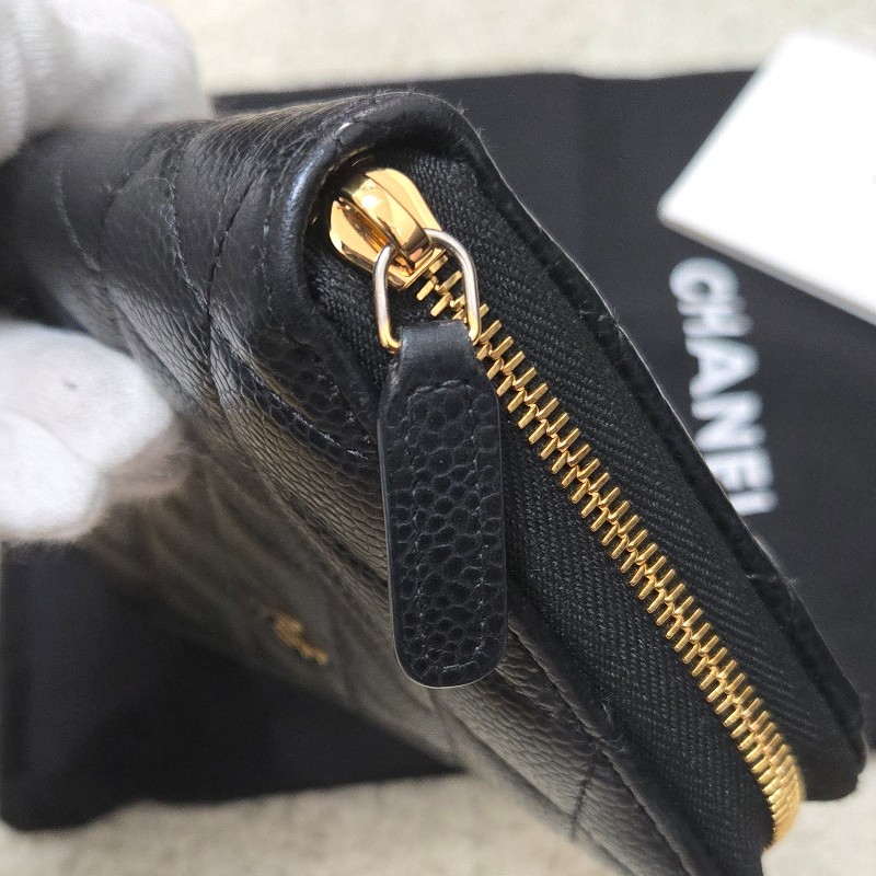 Chanel 香奈兒 黑金荔枝皮 金色雙C logo ㄇ拉 拉鍊長夾-29