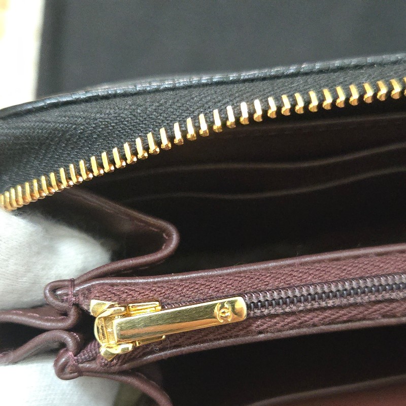Chanel 香奈兒 黑金荔枝皮 金色雙C logo ㄇ拉 拉鍊長夾-31