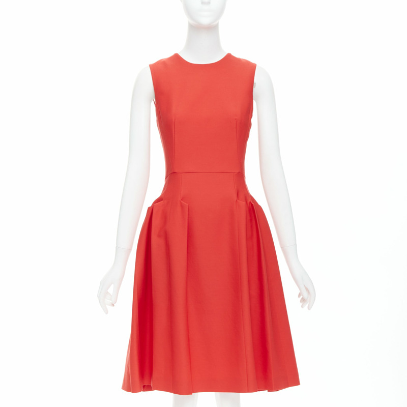 BOTTEGA VENETA red 100% vrigin wool 3D pleated crew neck fit flare dress-0