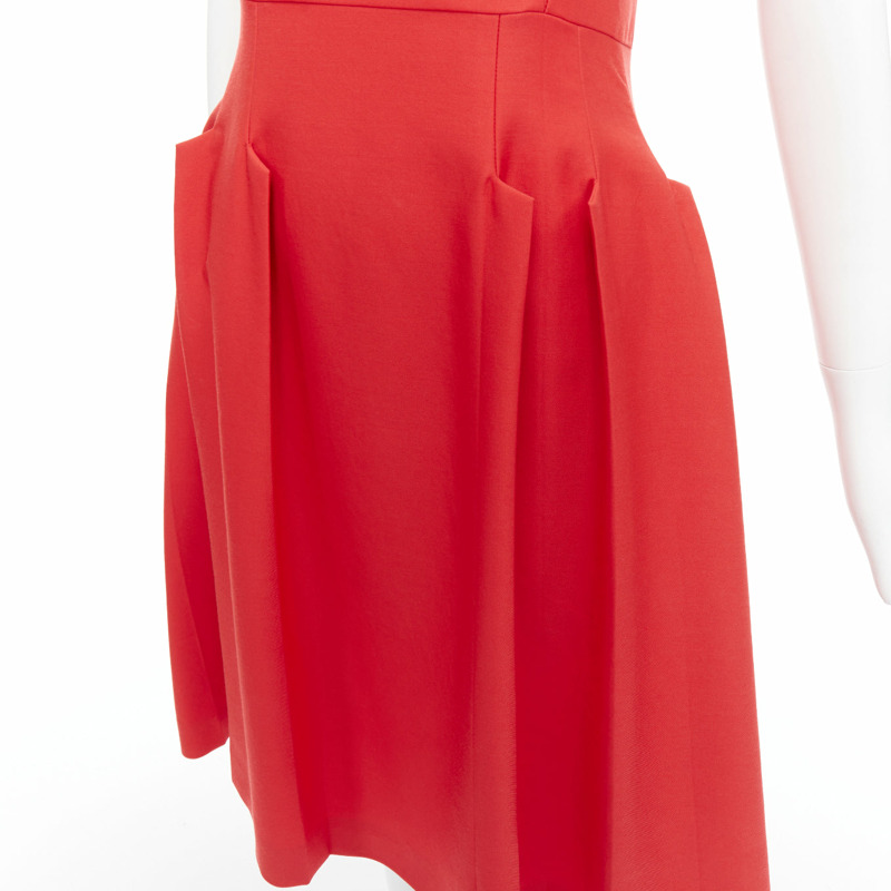 BOTTEGA VENETA red 100% vrigin wool 3D pleated crew neck fit flare dress-1