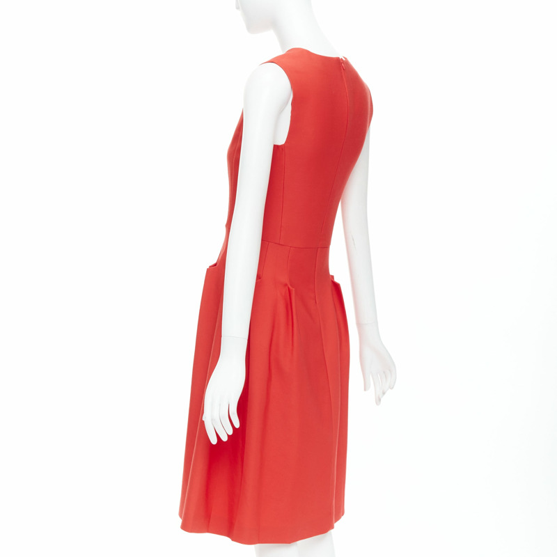 BOTTEGA VENETA red 100% vrigin wool 3D pleated crew neck fit flare dress-5