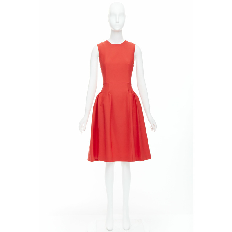 BOTTEGA VENETA red 100% vrigin wool 3D pleated crew neck fit flare dress-8