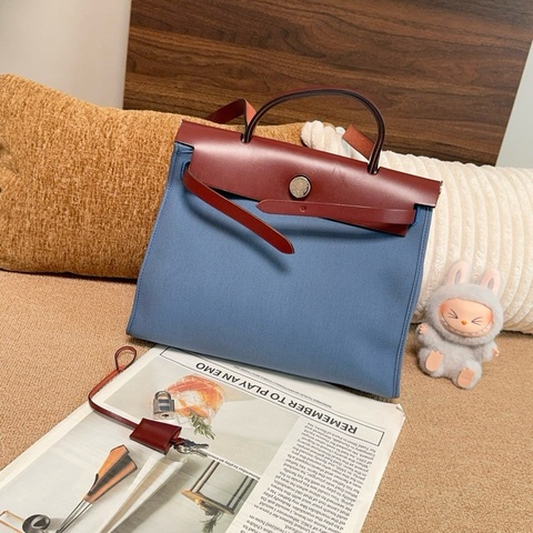 【近新閒置品】Hermes愛馬仕 X刻瑪瑙藍拼馬鞍紅牛皮herbag31 手提斜背包