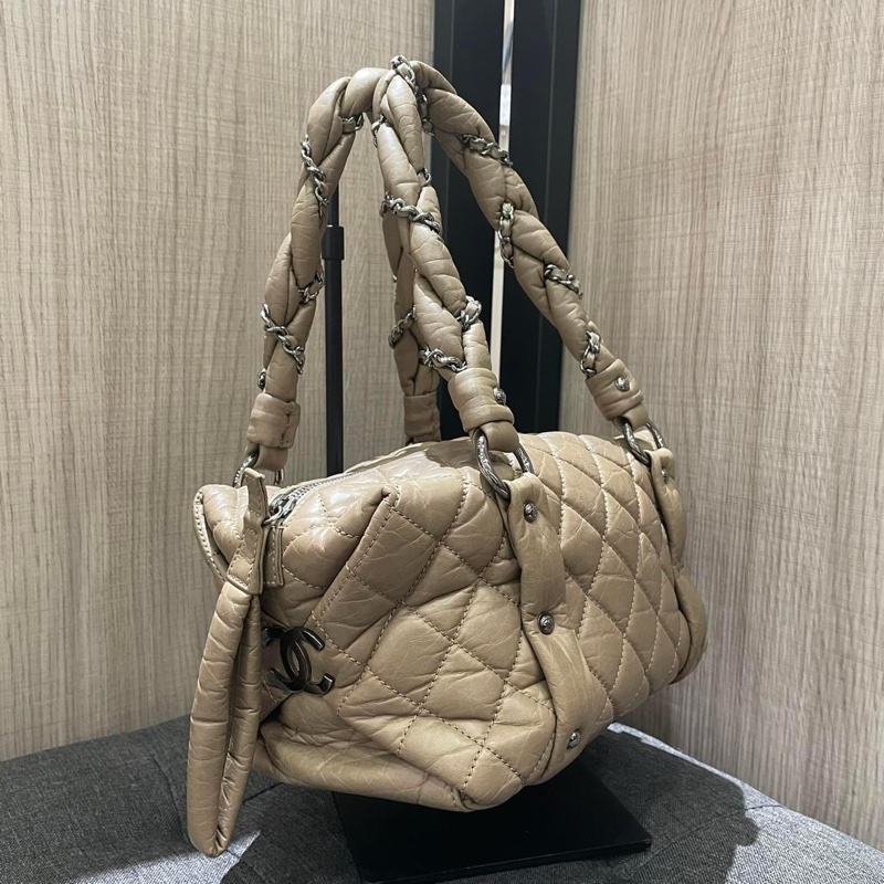 CHANEL 駝色菱格紋牛皮銀鍊泡泡包 手提包 豆腐包-2