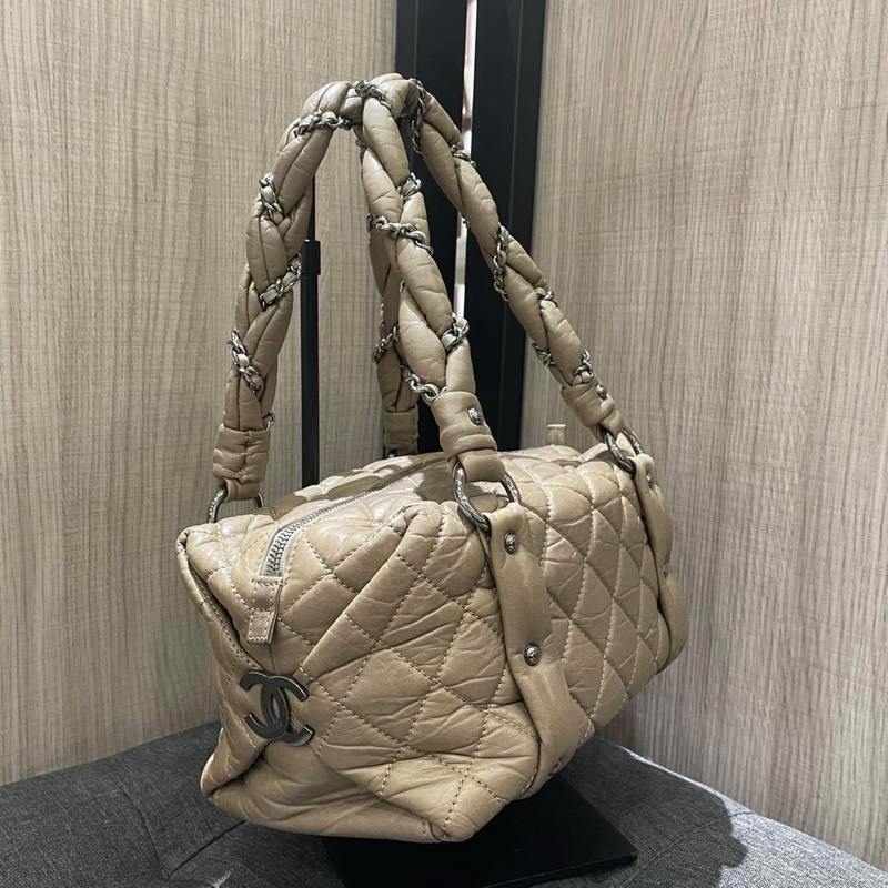 CHANEL 駝色菱格紋牛皮銀鍊泡泡包 手提包 豆腐包-3