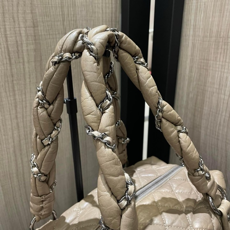 CHANEL 駝色菱格紋牛皮銀鍊泡泡包 手提包 豆腐包-4
