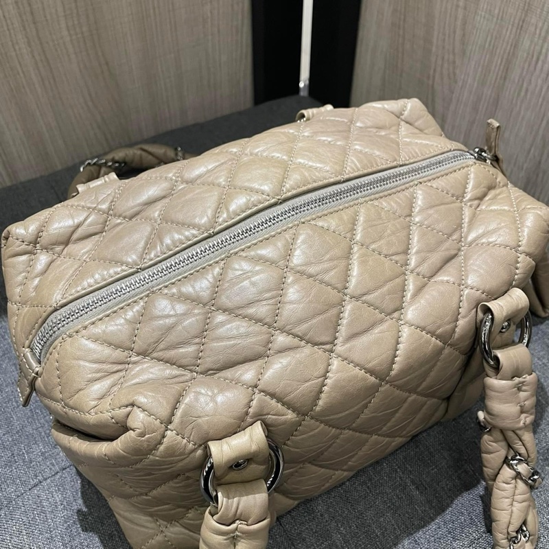 CHANEL 駝色菱格紋牛皮銀鍊泡泡包 手提包 豆腐包-9