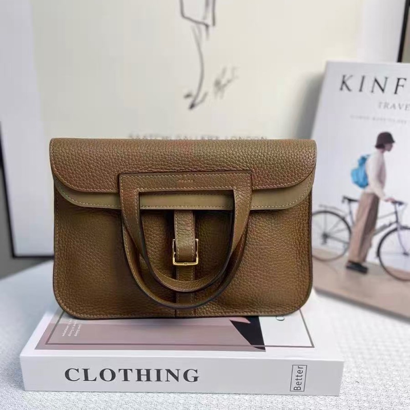✨HERMES 栗子色金扣Halzan25手提肩背斜背包 25*17*8  99新配件塵袋-0