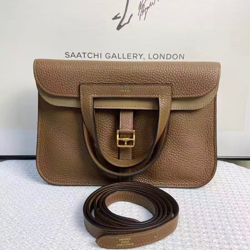 ✨HERMES 栗子色金扣Halzan25手提肩背斜背包 25*17*8  99新配件塵袋-8